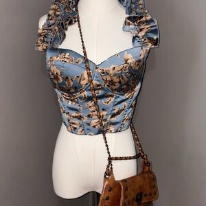 corset crop top/ ruffle straps/ blue ribbon on back #western#boho#coastalcowgirl